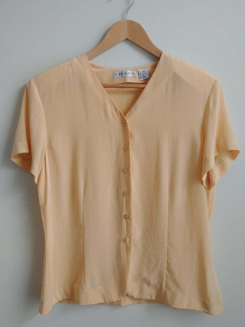 Vintage Chaus 100% silk soft yellow short sleeve button up blouse 12